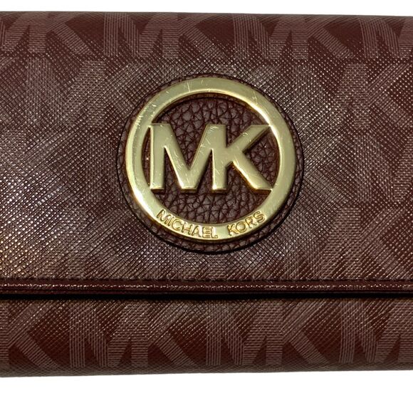 Michael Kors Jet Set Travel Wallet Fulton Purple Merlot Gold Logo Snap Foldover - Picture 2 of 10